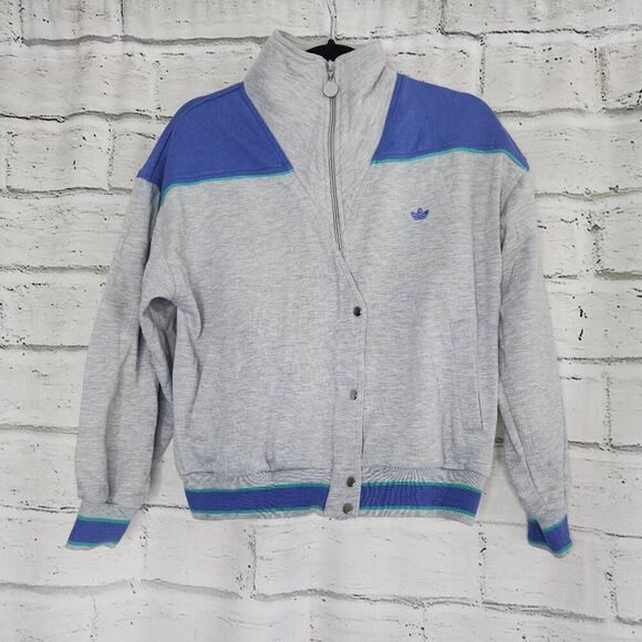 Vintage Adidas Mens Heather Gray Blue Colorblock 1980s Fleece Track Jacket Small - Picture 1 of 12